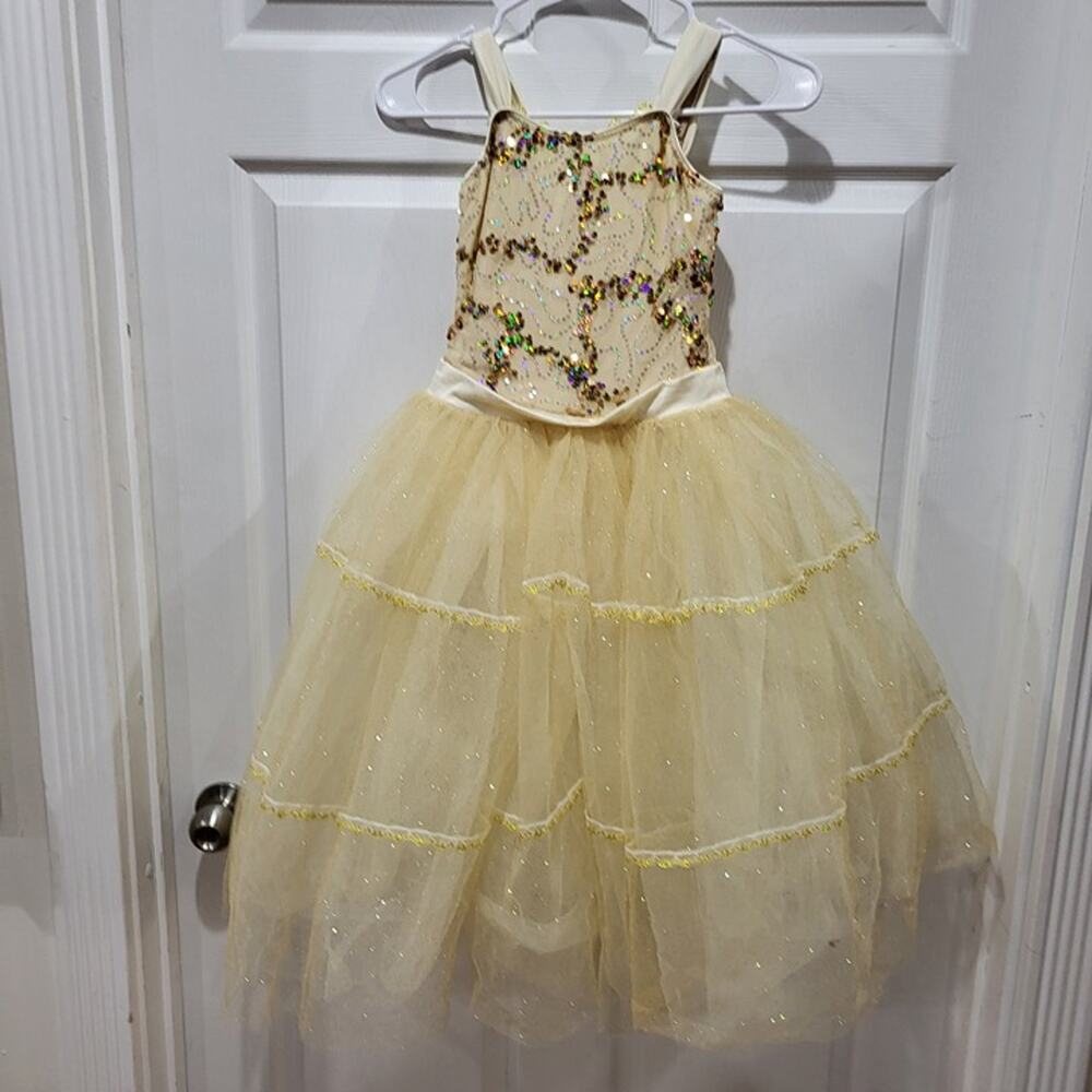 Beautiful ballerina costume Dress halloween pretend Gold tulle sequins sz LC